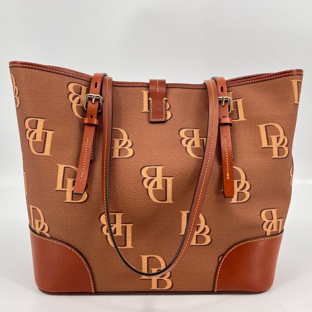 Dooney & Bourke Dover Tote Brown DB Monogram Leather Trim Gold Shoulder Bag - Picture 2 of 16